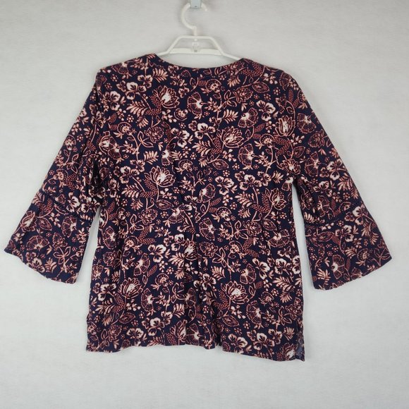 Gloria Vanderbilt Womens Top XL 3/4 Sleeve Navy Coral Floral Print Blouse Tunic - Picture 2 of 8